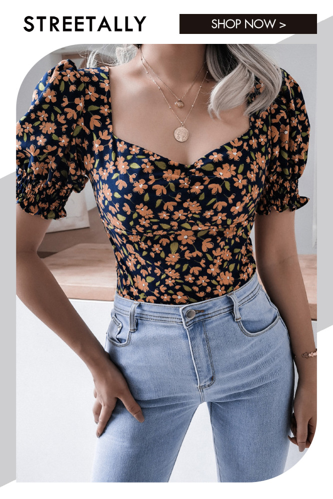 Casual Lantern Sleeve Square Neck Sexy Floral Chiffon Flowers&shirts