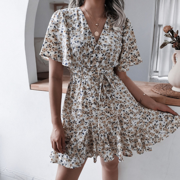 Sweet Short Sleeve V-neck Floral Ruffles Mini Dresses