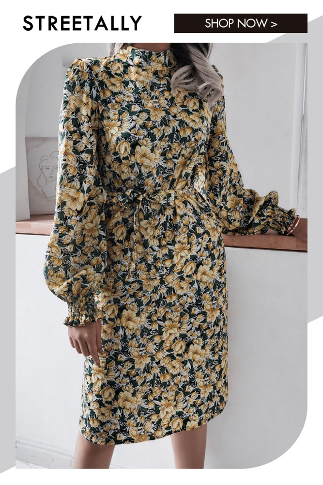 Floral Stand Collar Lantern Long Sleeve Chiffon Fashion Midi Dresses