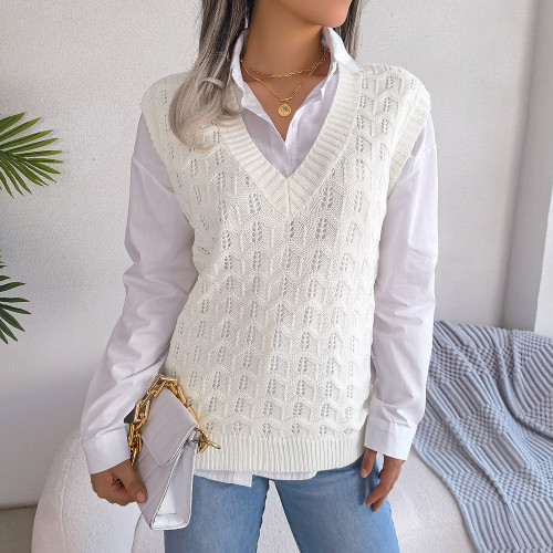 Solid Hollow Wave V-Neck Tank Top Sweaters&Cardigans