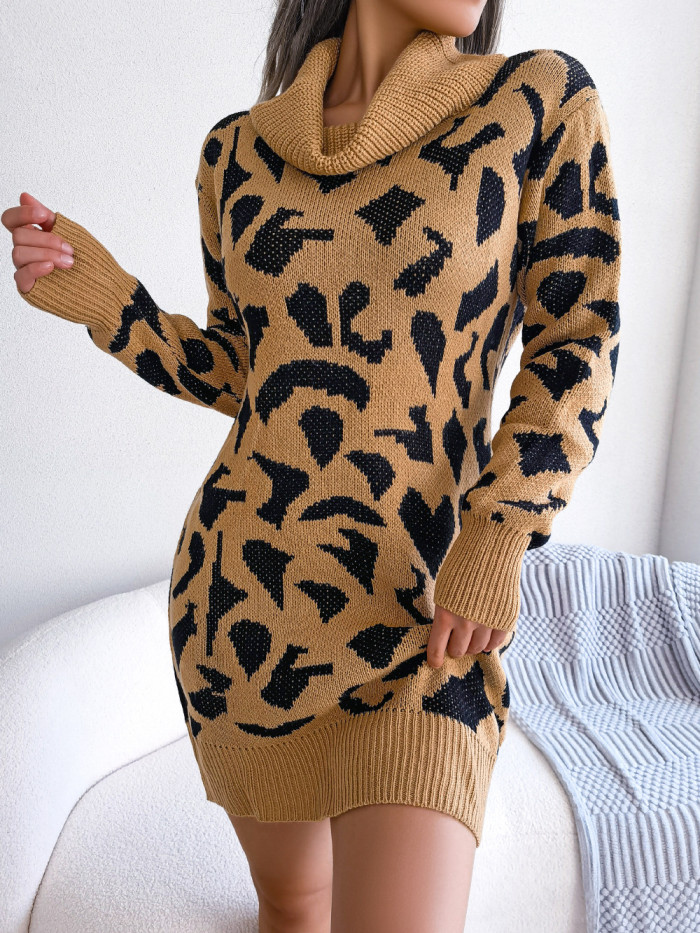 High Neck Leopard Long Sleeve Undercoat Sweater Dresses