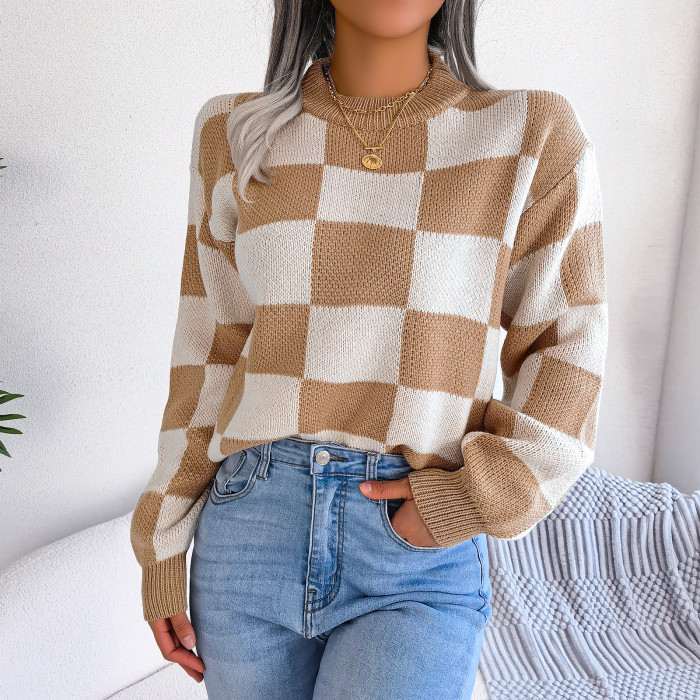 Street Style Contrast Plaid Long Sleeve Pullover Sweaters&Cardigans