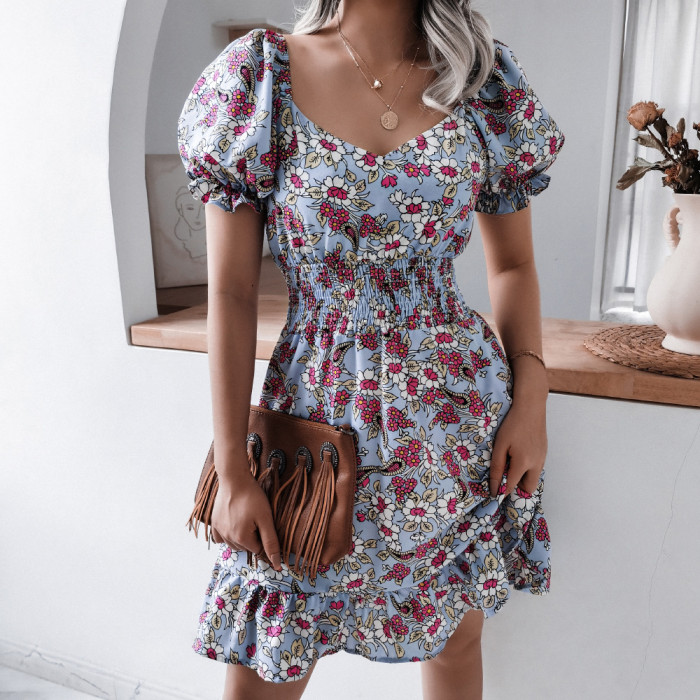 Square Neck Lantern Sleeve Floral Ruffle Casual Dresses