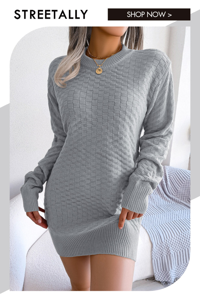 Solid Plaid Long Sleeve Backed Crew Neck Sweater Dresses