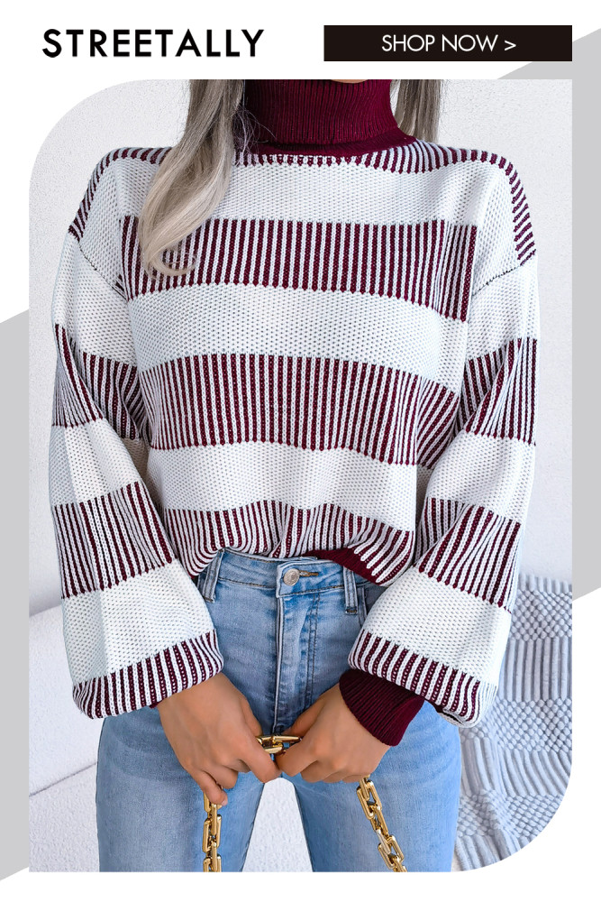 Striped Lantern Sleeves High Neck Underlay Sweaters&cardigan