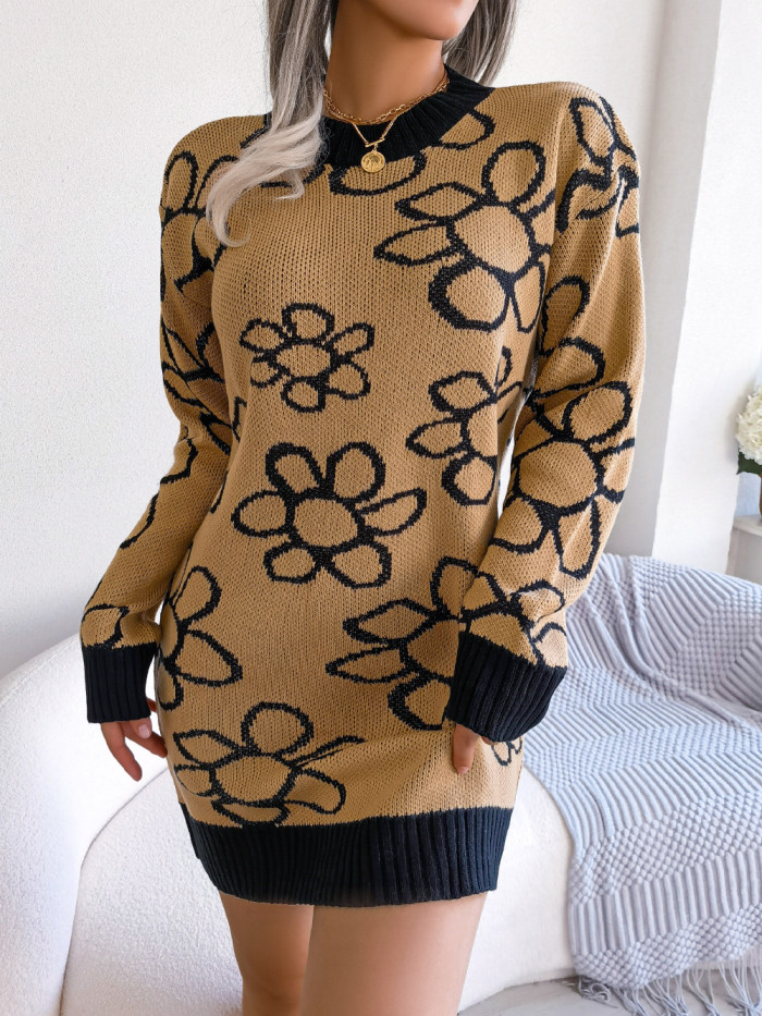 Contrast Floral Long Sleeve Underlay Knit Sweater Dresses