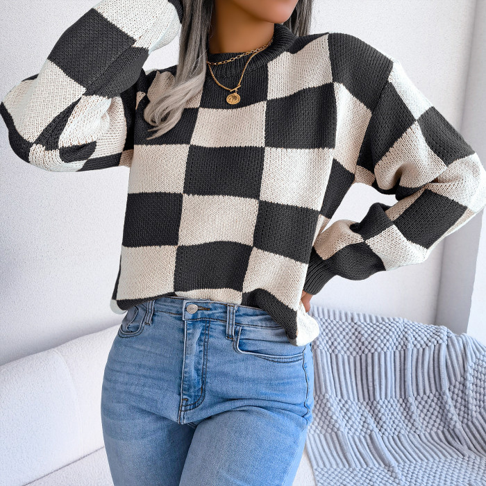 Street Style Contrast Plaid Long Sleeve Pullover Sweaters&Cardigans