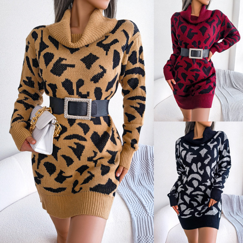 High Neck Leopard Long Sleeve Undercoat Sweater Dresses