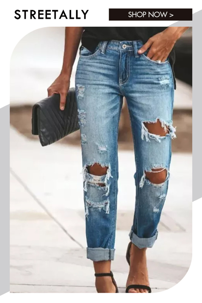 New Fashion Mid Waist Boyfriend Big Ripped Hole Jeans