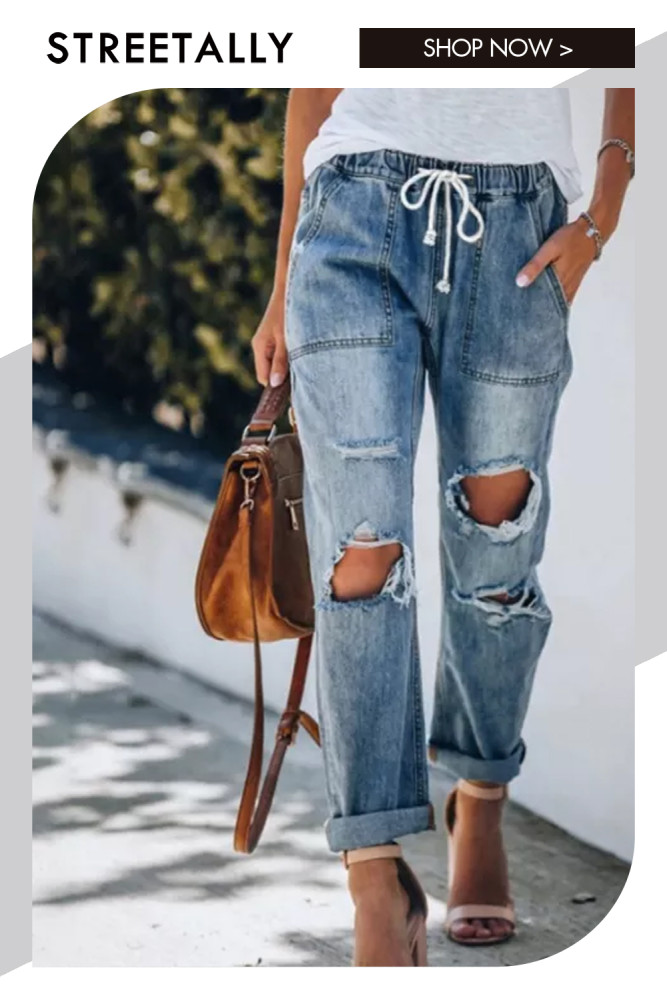 High Waist Elastic Waist Lace Up Big Pocket Jeans