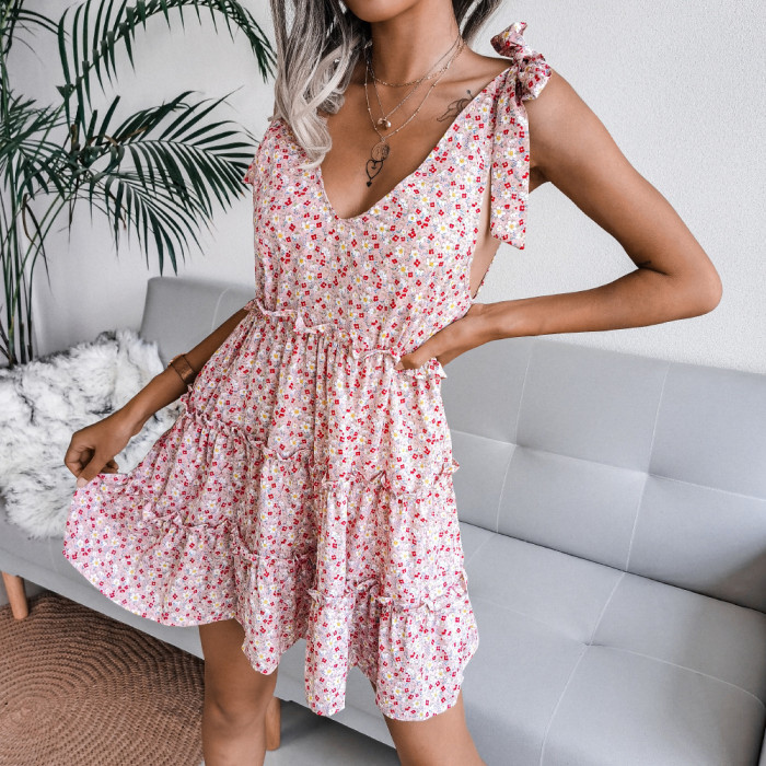 Holiday Style Casual Strap V-neck Floral Chiffon Mini Dresse