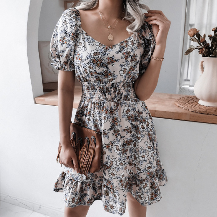 Square Neck Lantern Sleeve Floral Ruffle Casual Dresses