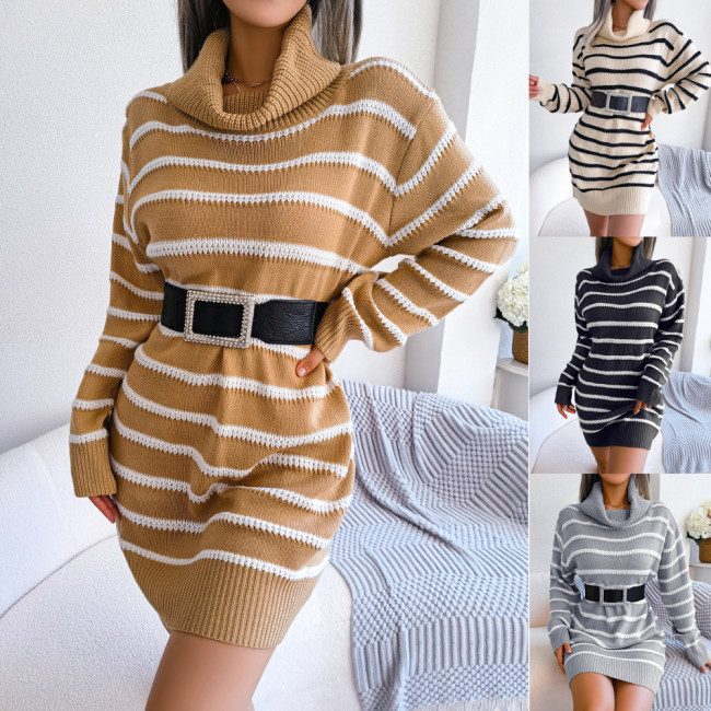 Casual High Neck Stripe Long Sleeve Fashion Sweater Dresses