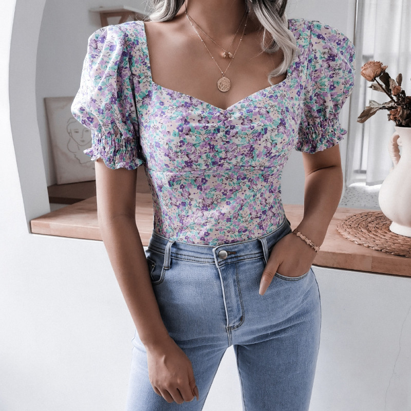 Casual Lantern Sleeve Square Neck Sexy Floral Chiffon Flowers&shirts