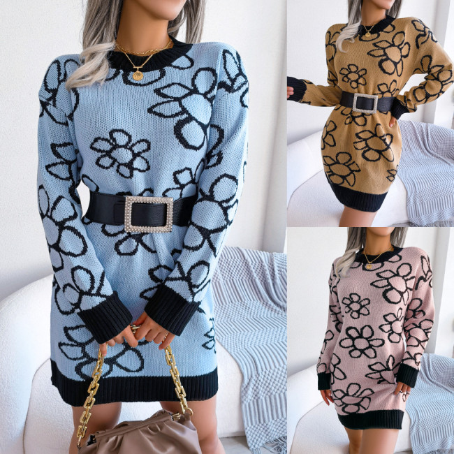 Contrast Floral Long Sleeve Underlay Knit Sweater Dresses