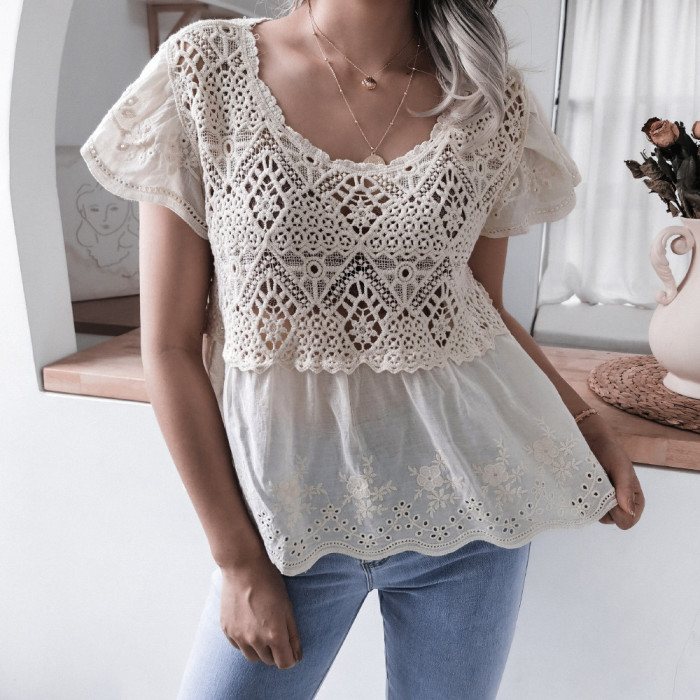 Casual Embroidery Ruffle Short Sleeve V-Neck Hook Flower Hollow Lace Peplum Top Blooses&Shirts