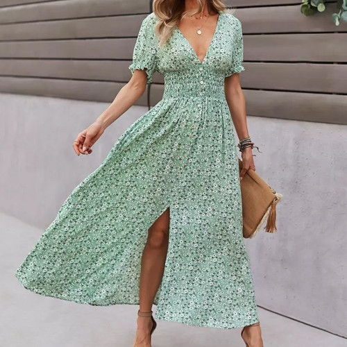 Bohemia Floral Print Lantern Sleeve Maxi Dress