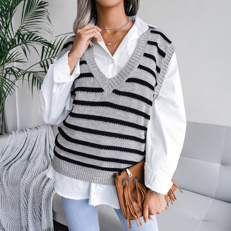 V Neck Stripe Casual Tank Top Shishang Sweaters&Cardigans