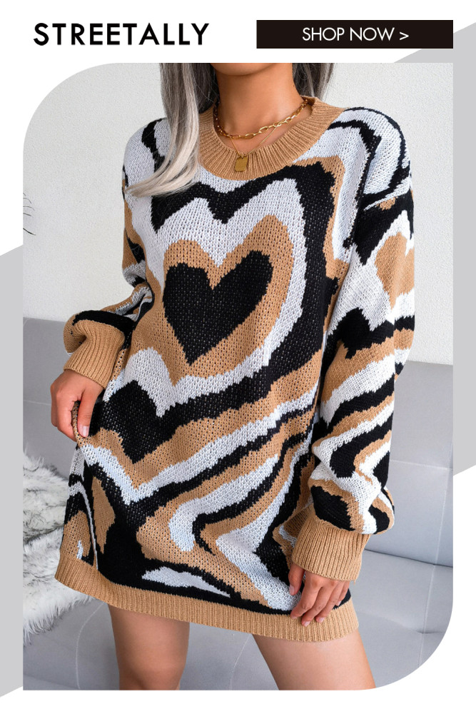 Color Contrast Love Round Neck Fashion Sweater Dresses