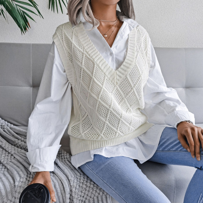 V-Neck Rhombic Hollow Casual Tank Top Sweaters&Cardigans