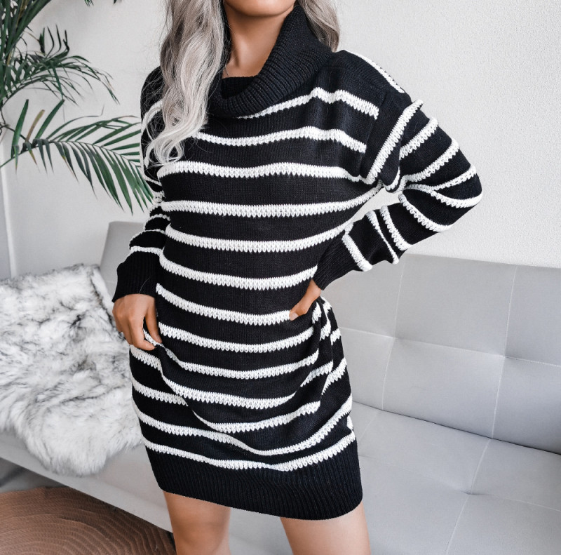 Casual High Neck Striped Knit Sweater Dresses