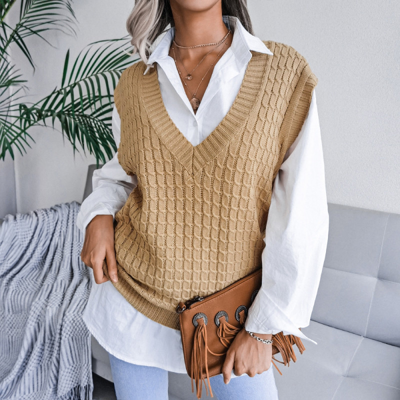 V-neck Fried Dough Twist Casual Loose Vest Sweaters&cardigans