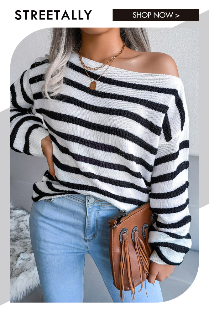 Off The Shoulder Off The Neck Casual Loose Stripe Sweaters&cardigans
