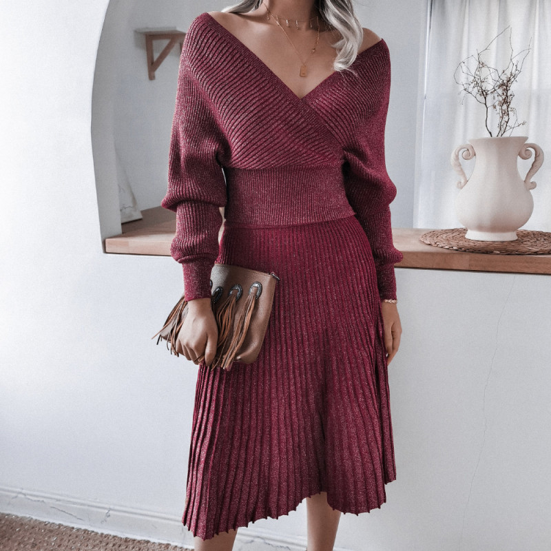 Long Sleeve Off Shoulder Casual Pleated Skirt Bright Silk Two-piece Set Sweater Dresses