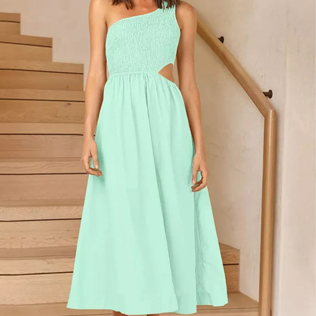 A-line One-shoulder Smocked Solid Color Cutout Long Dress