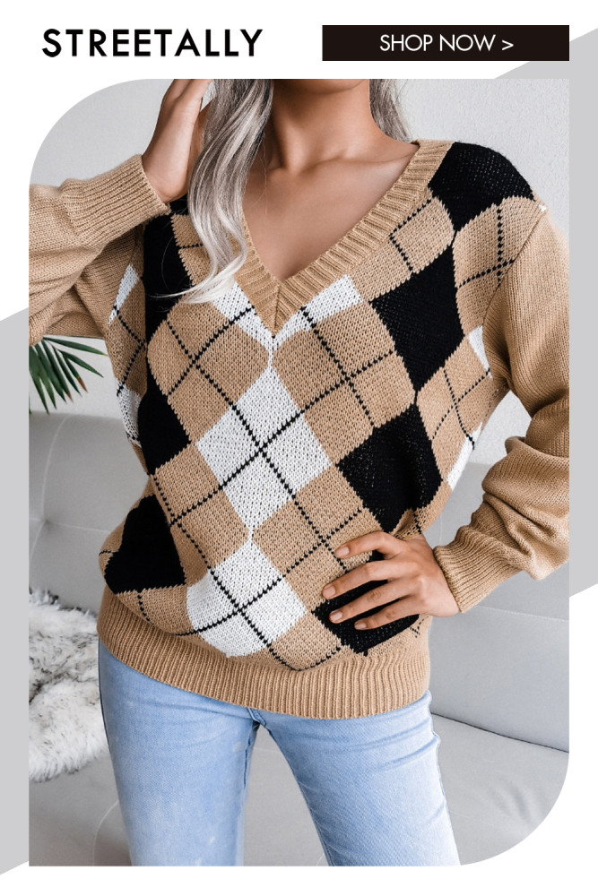 Academic Rhombic Casual V-Neck Sweaters&Cardigans
