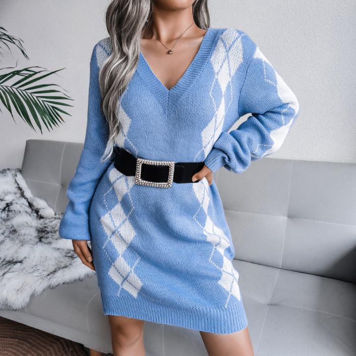 College Style Diamond V-neck Fashion Sweater Dresses