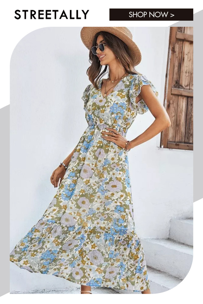 Beach Floral Print Ruffles Maxi Dress