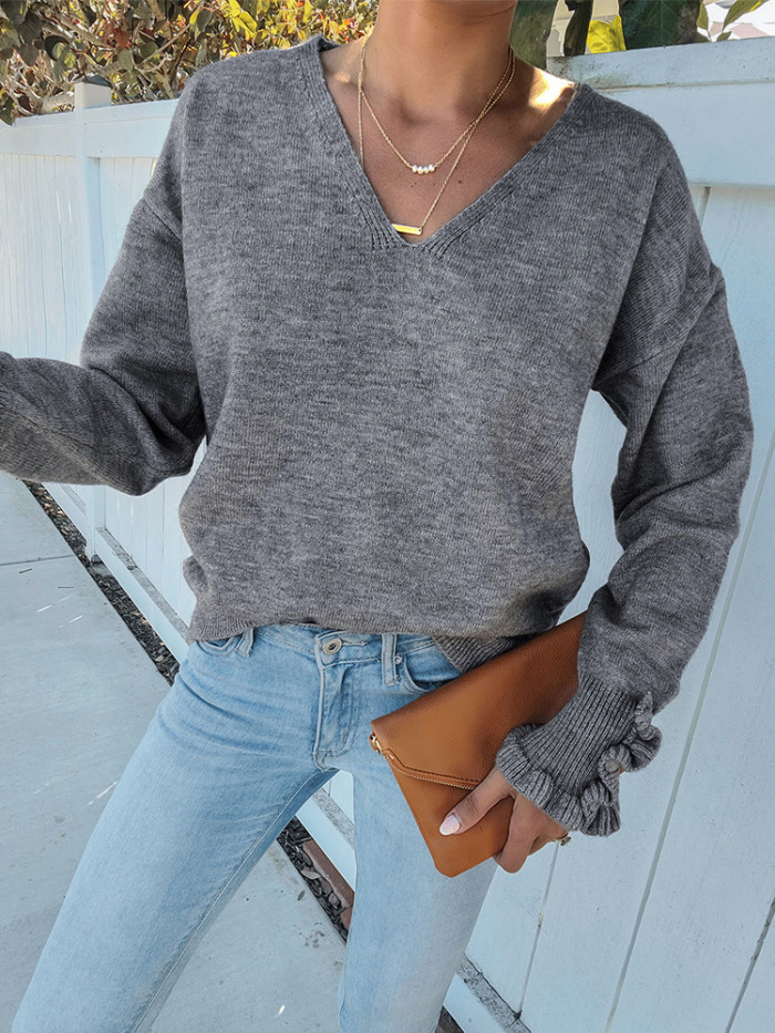 New Women's Winter V Neck Pleated Sexy Sweater