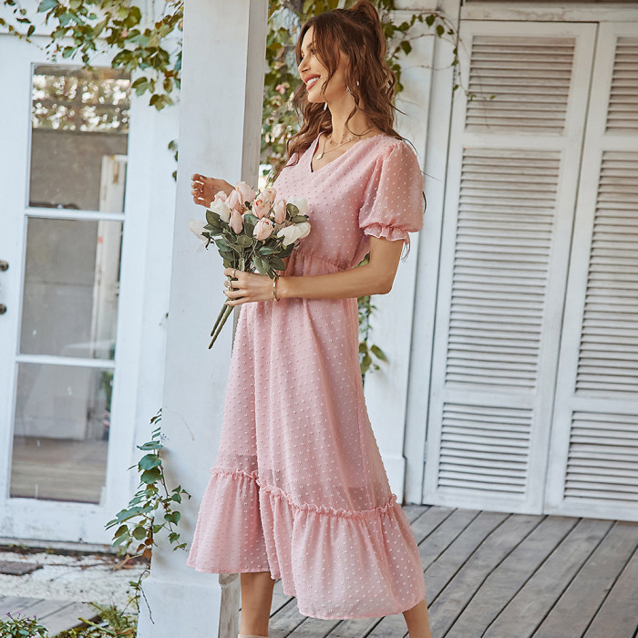 Blue V Neck Puff Short Sleeve Chiffon Maxi Dress
