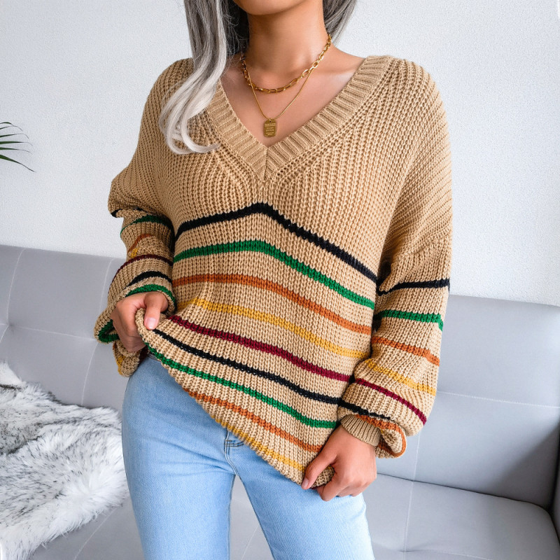 Rainbow Stripe Casual Loose V-Neck Sweaters&Cardigans