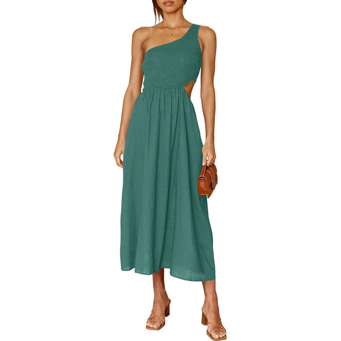 A-line One-shoulder Smocked Solid Color Cutout Long Dress