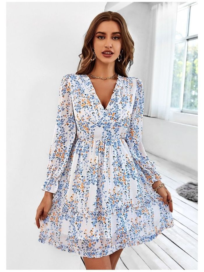 Floral Print Long Sleeve Ruffles Mini Dress