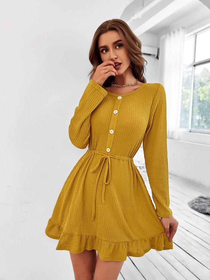 O Neck Long Sleeve Solid Color Casual Dress