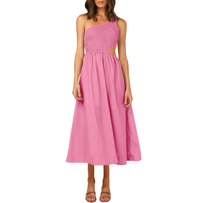 A-line One-shoulder Smocked Solid Color Cutout Long Dress