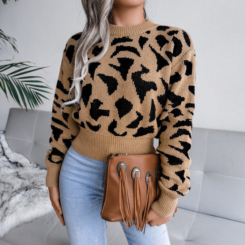 Casual Leopard Print Waist Knit Open Navel Sweaters&cardigans