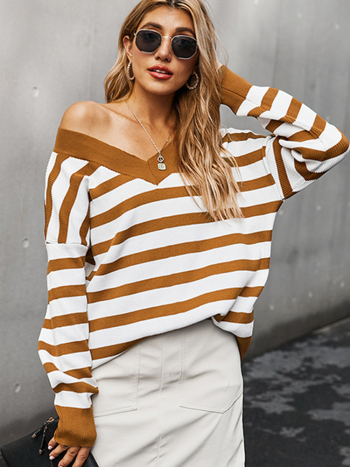 Women's V-Neck Striped Sweater