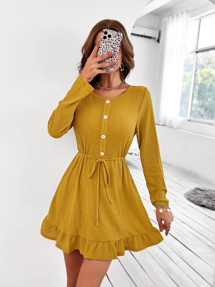 O Neck Long Sleeve Solid Color Casual Dress