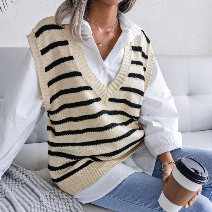 V Neck Stripe Casual Tank Top Shishang Sweaters&Cardigans