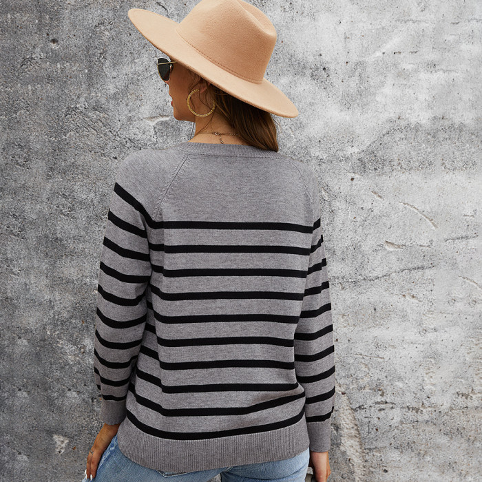 Long-sleeved Bottoming Women Sweater O-Neck  Striped Pullovers