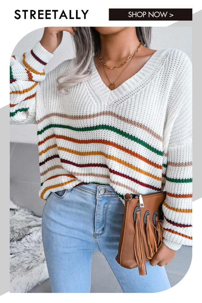 Rainbow Stripe Casual Loose V-Neck Sweaters&Cardigans