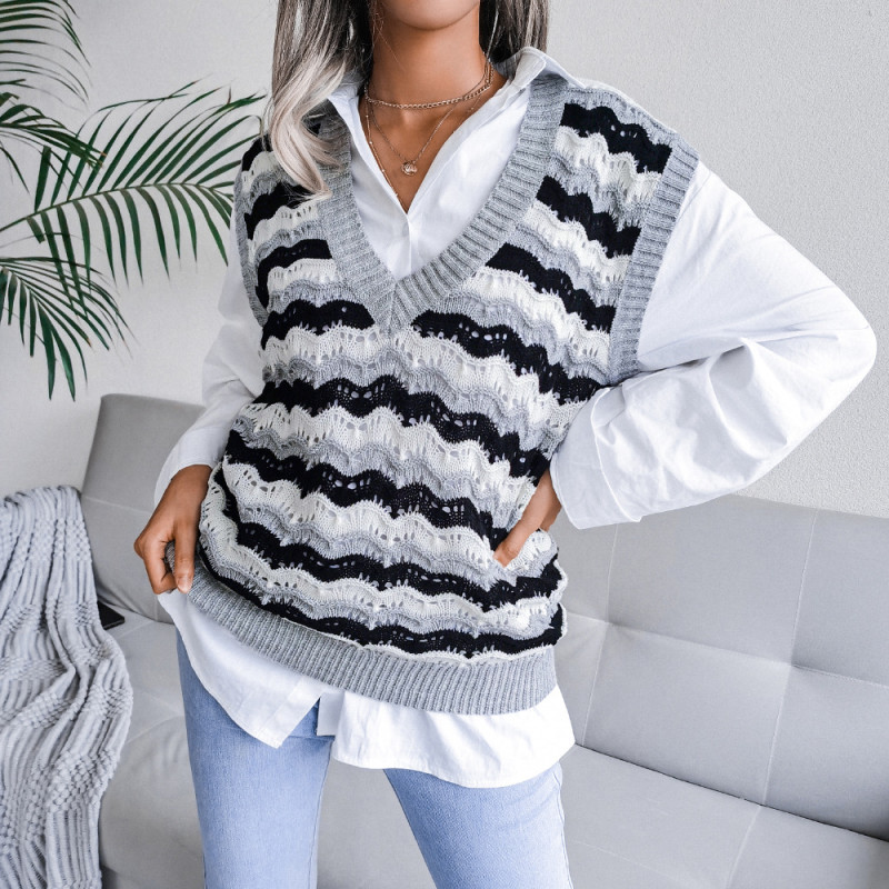 V Neck Hollow Stripe Tank Top Sweaters&Cardigans