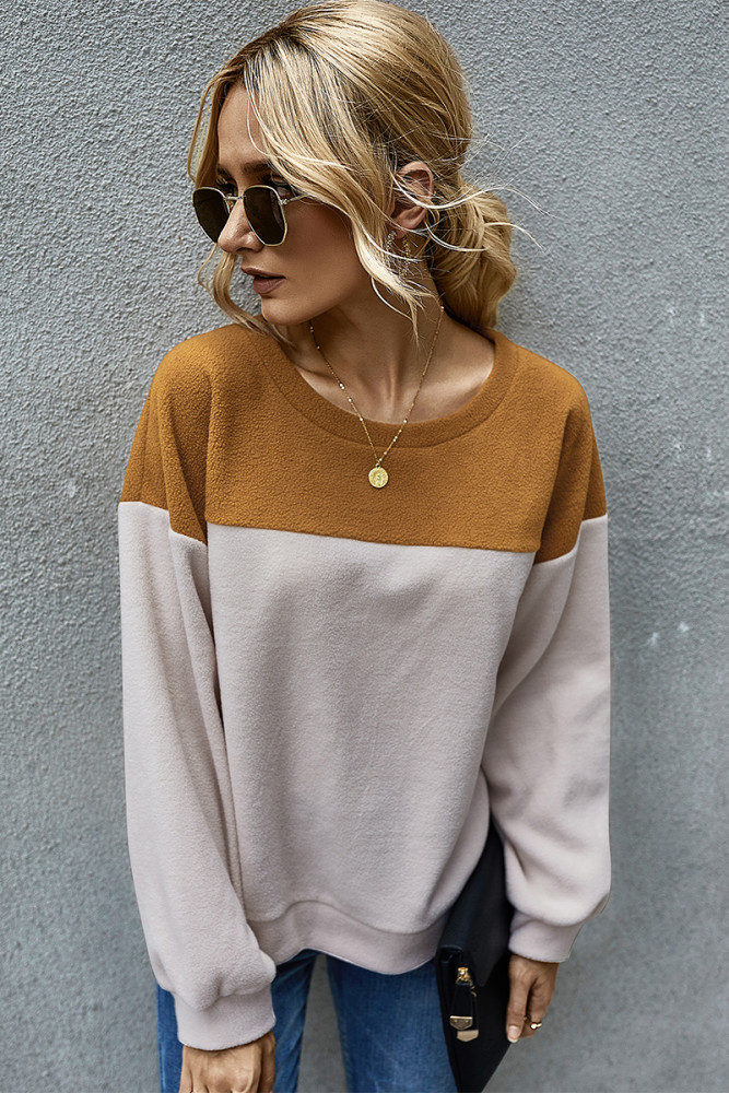 Women O Neck Color Contrast Casual Sweater Long Sleeve Simple Inside Warm Pullover