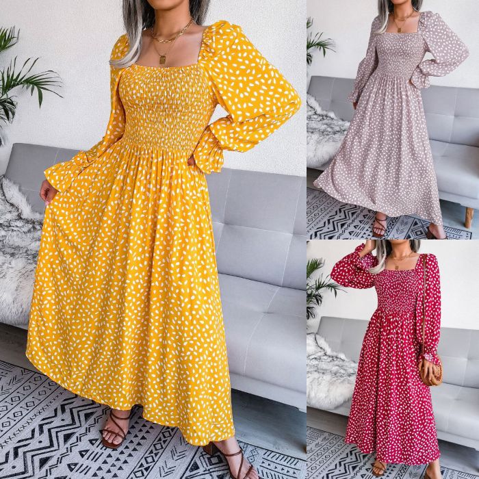 Square Collar Long Sleeve Vacation Cotton Dot Fashion Maxi Dresses