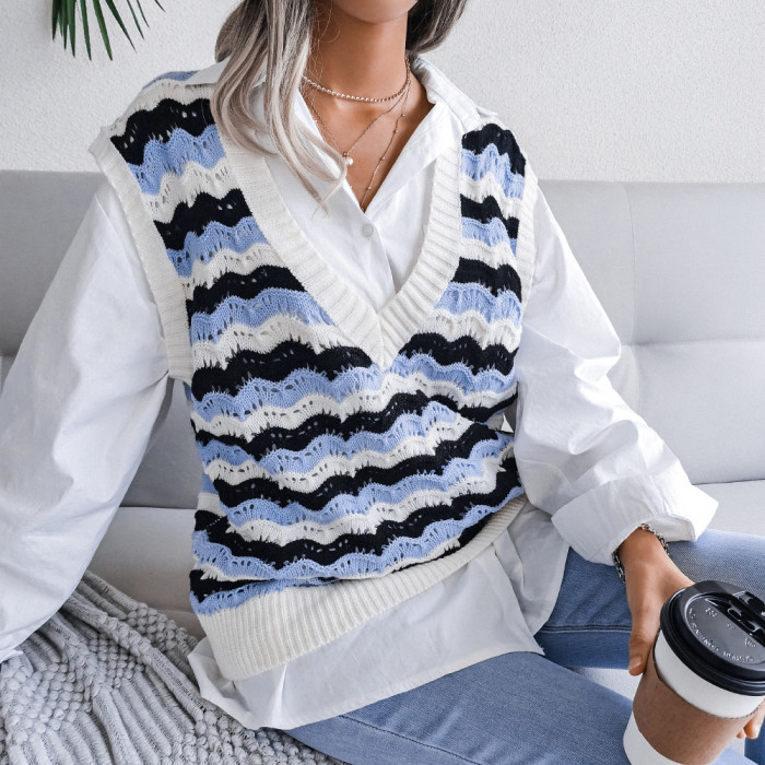 V Neck Hollow Stripe Tank Top Sweaters&Cardigans
