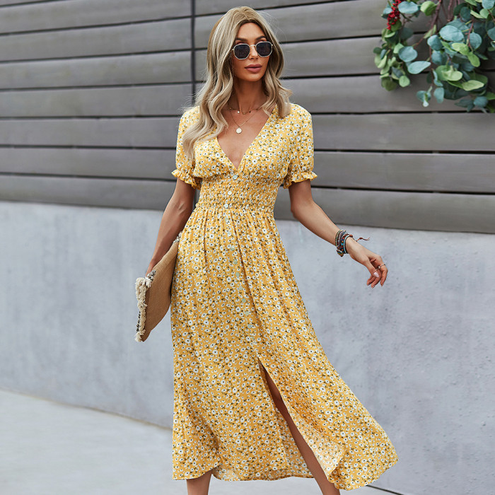 Bohemia Floral Print Lantern Sleeve Maxi Dress